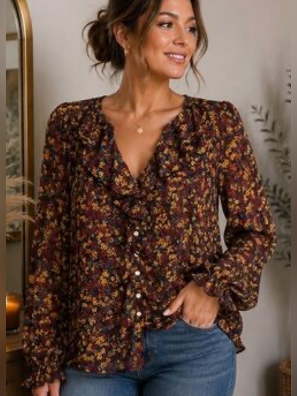 Frye & Co Floral Ruffle Button-Front poet’s boho Blouse. Sz m/l.